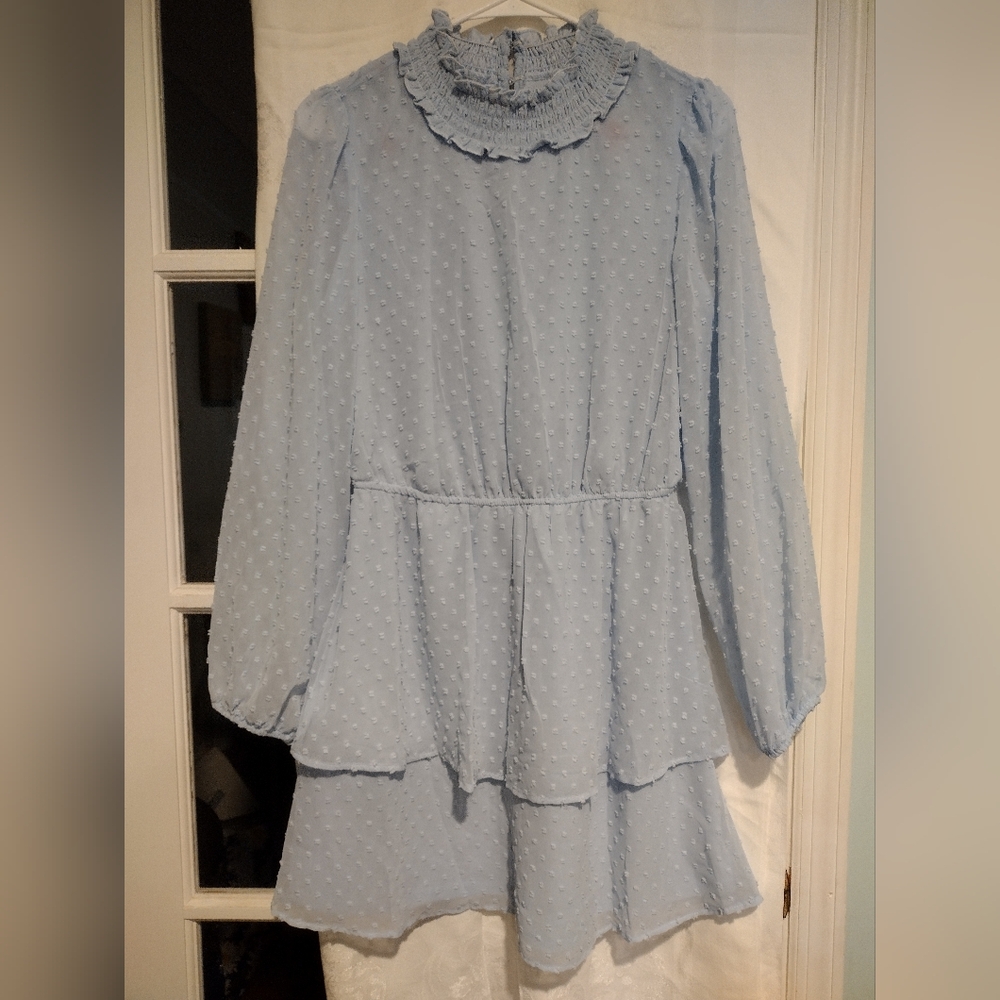 Crystal Doll Medium Women's Dress Baby Blue Tiered Swill Dot Dress Boho Feminine